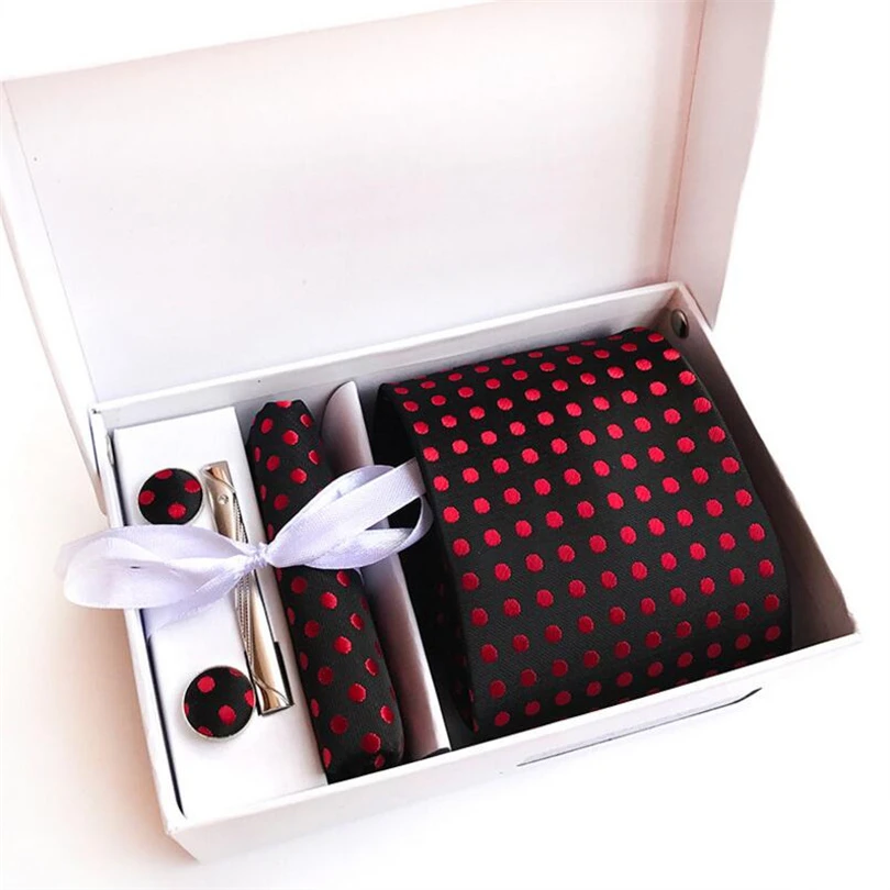 

Mens Black Tie Red Dot Tie Set 6 Pcs Gift Box Men Handkerchief Necktie Cravate Homme Noeud Papillon Man Corbatas Hombre Pajarita