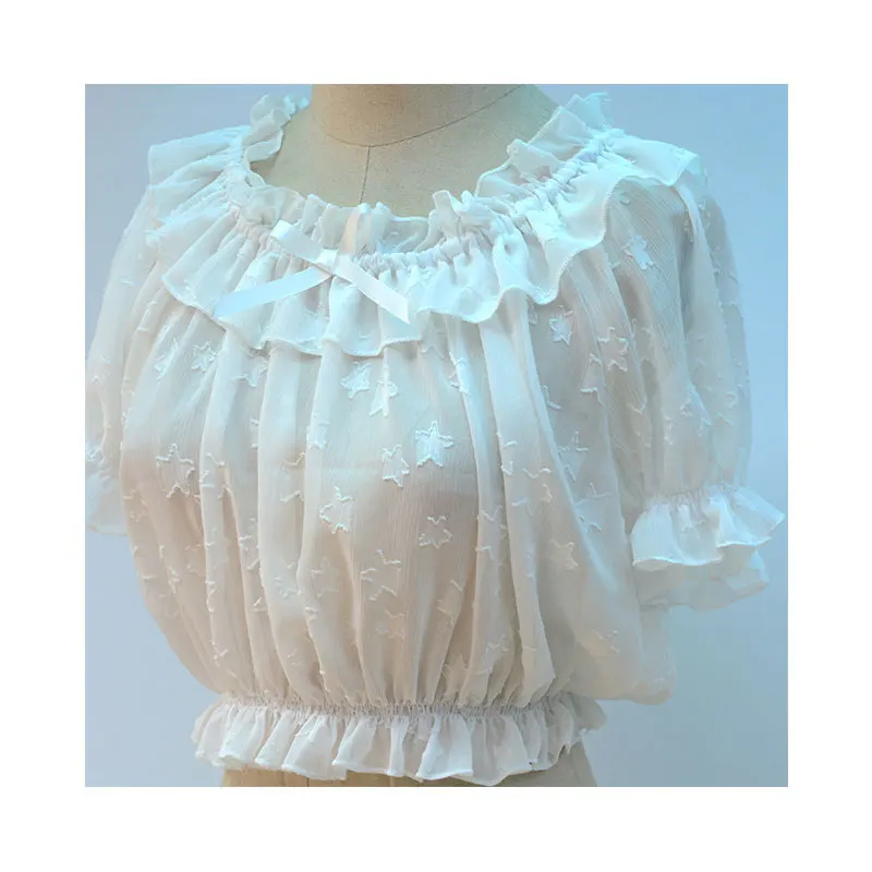 Women-s-Chiffon-Crop-Top-Short-Sleeve-Star-Pattern-Chiffon-Blouse-White-Black(5)