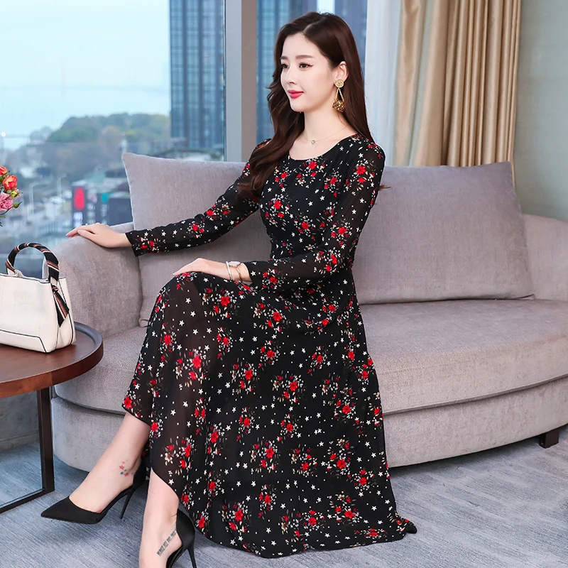 

2019 AutumnNew Arrival Plus Size S-3XL Long Sleeve Flower Printed Woman Chiffon Long Dress High Quality