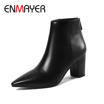 

ENMAYER Autumn Winter Woman's Ankle Boots High Heel Genuine Leather Solid Shoes Woman Dating Party Wedding Pump Boots CY078