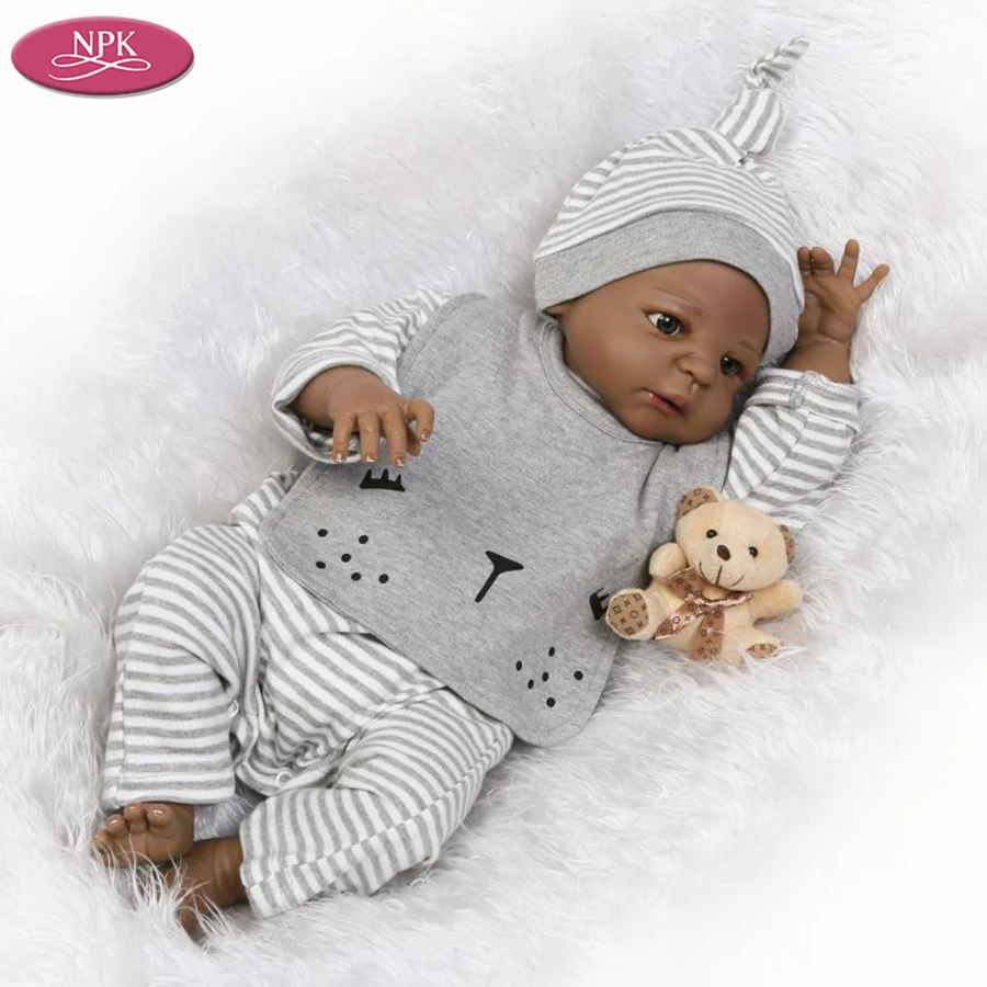 NPK 56CM Full Body Silicone Black Boy Reborn Baby Doll + Stuffed Toy Soft Bear Children Bathe Playmate Toys Lifelike Bebe Menino (3)