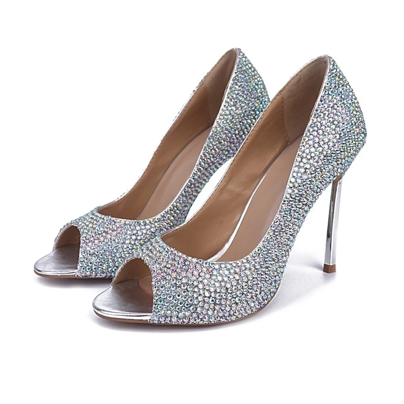 

2018 Spring Summer Stone Bride Wedding Shoes 4 Inches High Heel Office Lady Shoes Glitter Bridal Dress Shoes Open Toe Prom Pumps