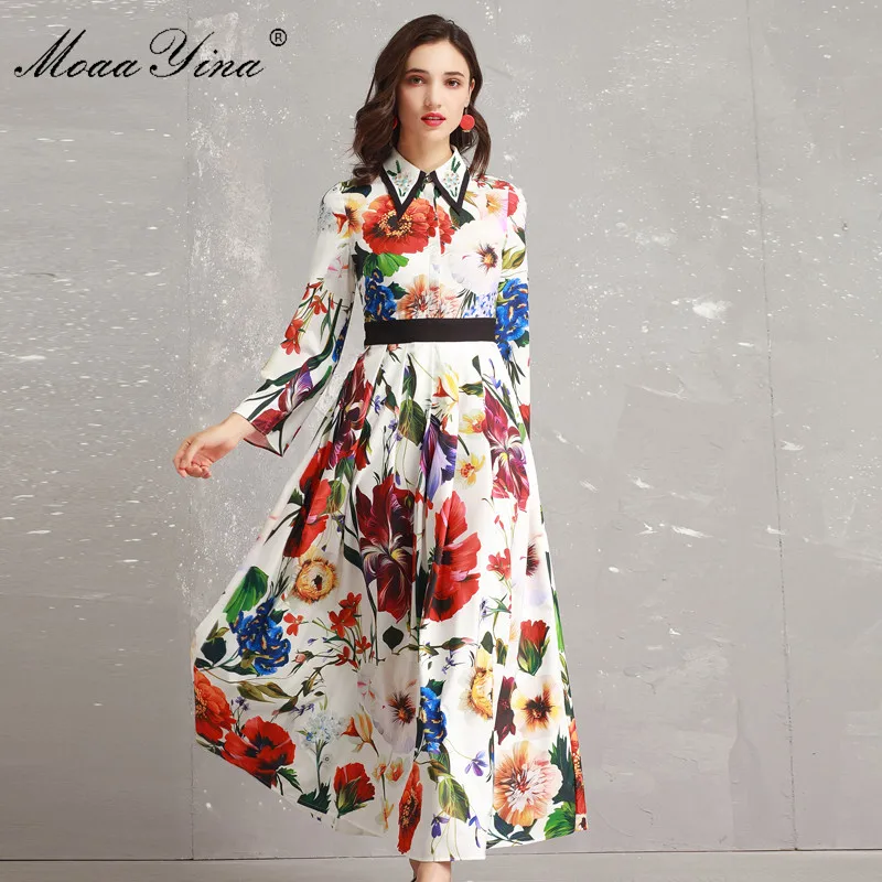 MoaaYina Fashion Designer Runway Dress Autumn Women Flare Sleeve Turn ...