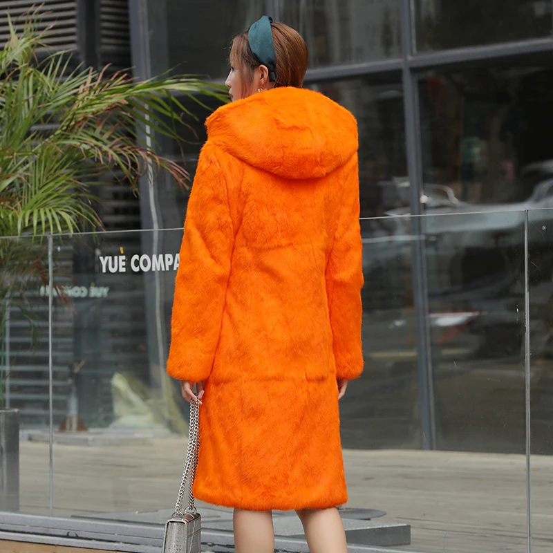 Новое Женское натуральное пальто из натурального кроличьего меха с капюшоном длинное пальто