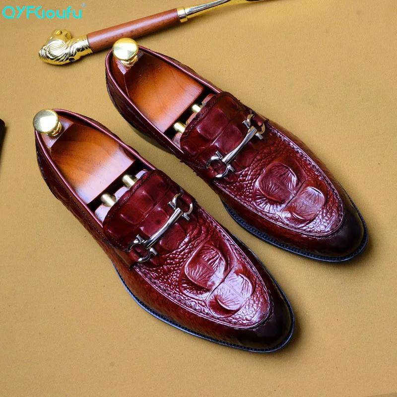 

QYFCIOUFU Crocodile Pattern Men's Oxford Shoe Genuine Cow Leather Slip On Formal Shoes Fashion Mens Dress Shoes US Size 11.5