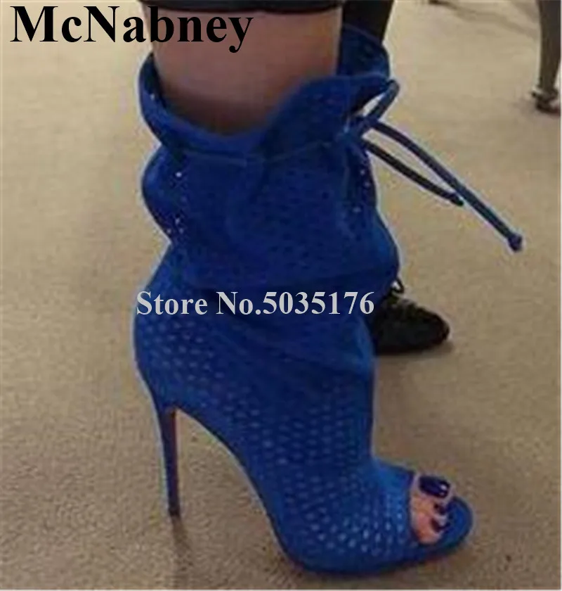 

2019 European Peep Toe High Stiletto Heel Lace-Up Mid-Calf Short Boots Mesh Hollow Pleated Cover Heel Spring/Autumn Women Shoes