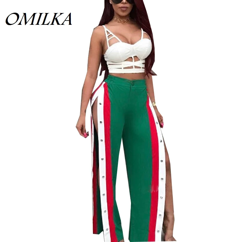 OMILKA 2017 Autumn Women High Waist Side Split Striped