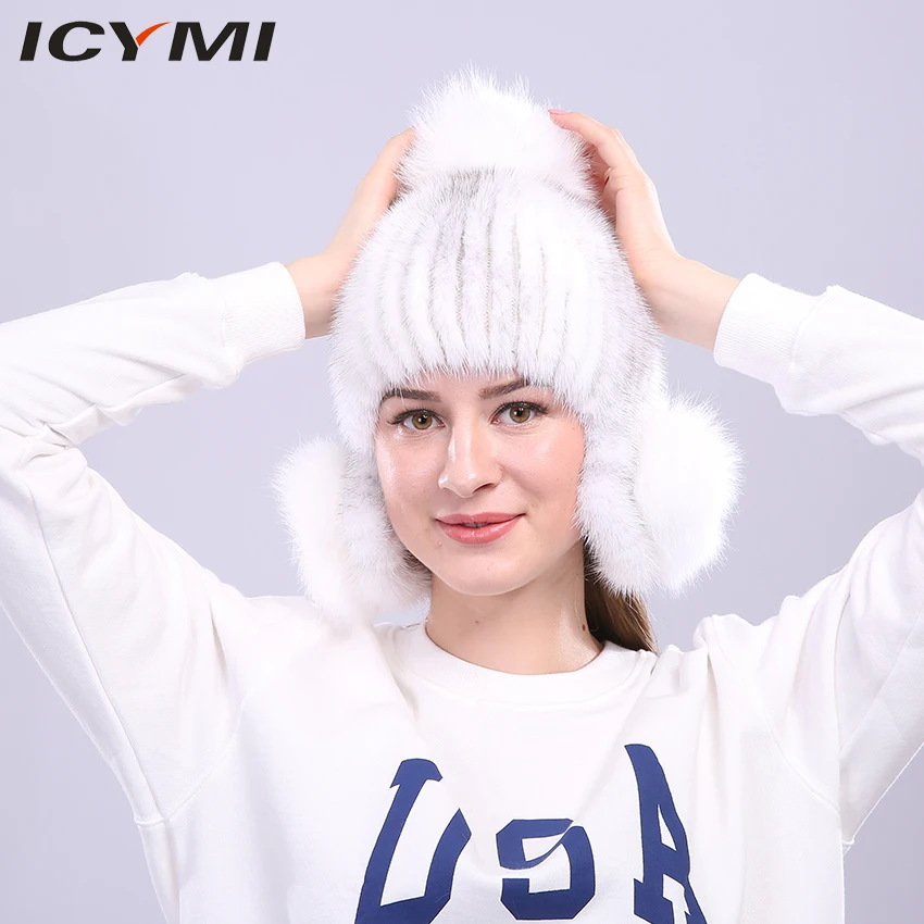 ICYMI Women's Winter Hats with Ears Flaps Genuine Mink Fur Elastic
