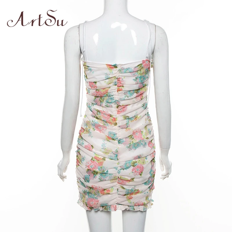 ArtSu الصيف البوهيمي مثير اللباس السباغيتي حزام عارية الذراعين شاطئ Bodycon فساتين النساء مصغرة الأزهار حزب كشكش SundressASDR22154