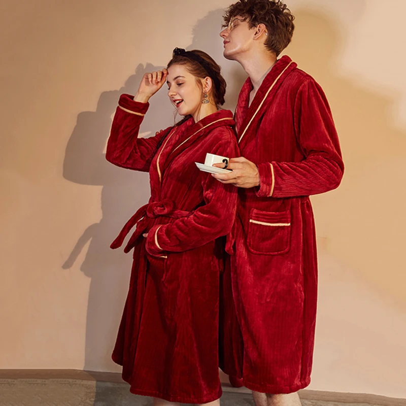 2018 Winter Couple Bath Robe Coral Velvet Thick Warm Cotton Robes For Men Women Loose Long Home Clothes Lover Kimono Casual