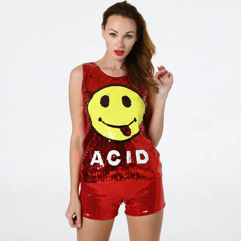 

Summer Sequin Tank Tops Women Emoji Smile O-Neck Female Casual Loose 2019 Sleeveless Ladies Tops Tee