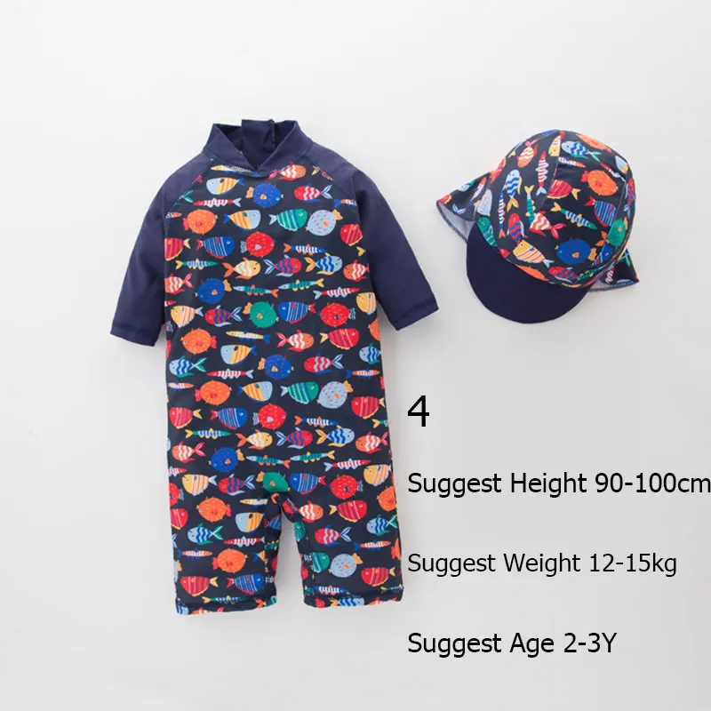 Детские защитные купальники с рисунком, детский летний пляжный купальник для мальчиков и девочек+ шапочка, комплект из 2 предметов, детский купальный костюм на молнии, одежда - Цвет: Dark Blue 4