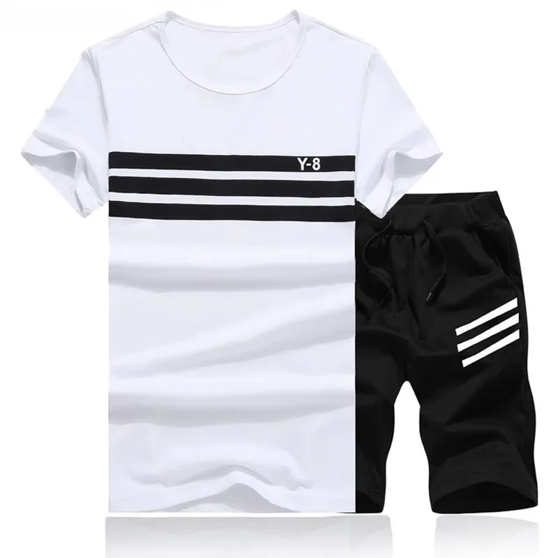 Модный спортивный костюм и футболка, комплект для мужчин s футболка шорты+ мужские шорты летний спортивный костюм мужские повседневные брендовые футболки - Цвет: C38 White