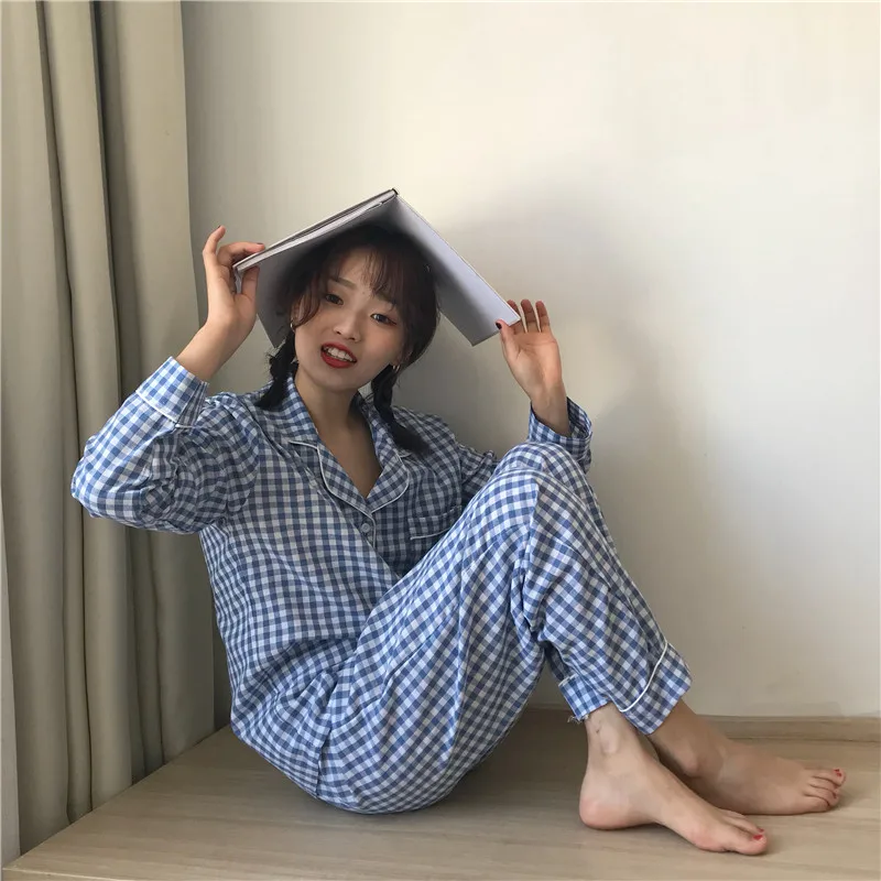 Корейские женские пижамные комплекты со штанами, Хлопковая пижама в клетку, весенне-летняя одежда для сна, Милая Ночная одежда, ночные рубашки