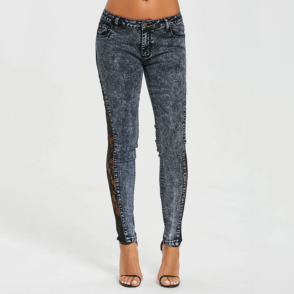 Kenancy женские джинсы Большие размеры прозрачные кружевные боковые с низкой талией джинсы тонкие повседневные узкие кружевные панельные узкие джинсовые прозрачные брюки