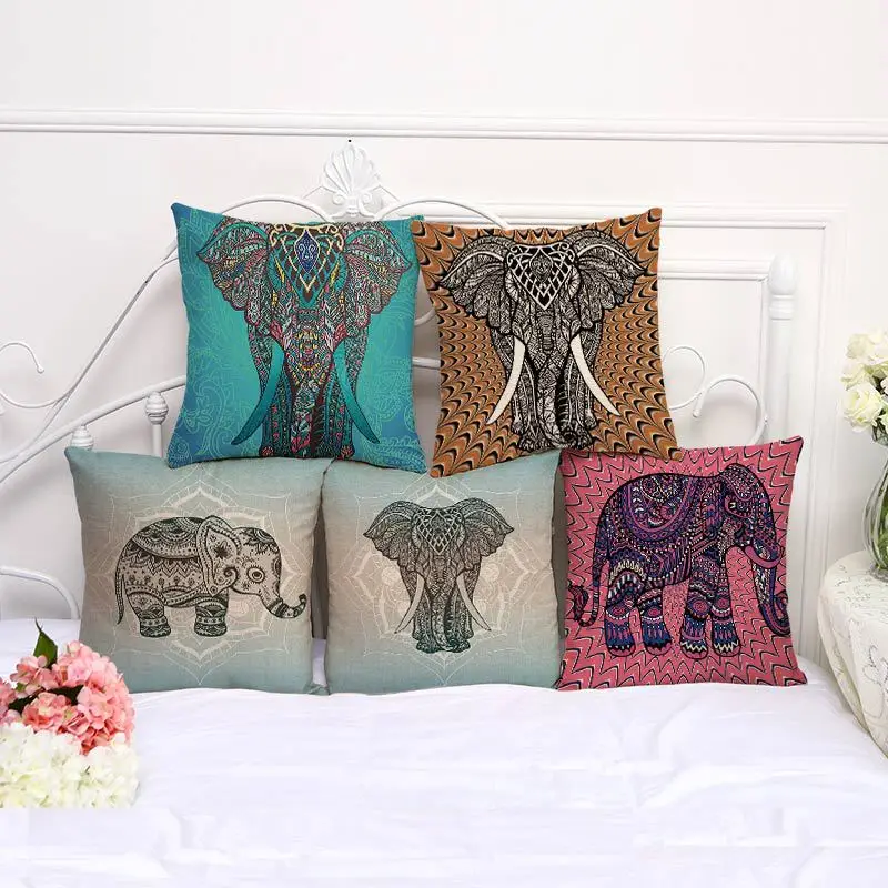 

45x45cm Bohemia Elephant Polyester Cushion Cover Indian Style Affection Animal Home Decorative Pillow Cover For Sofa Luxury