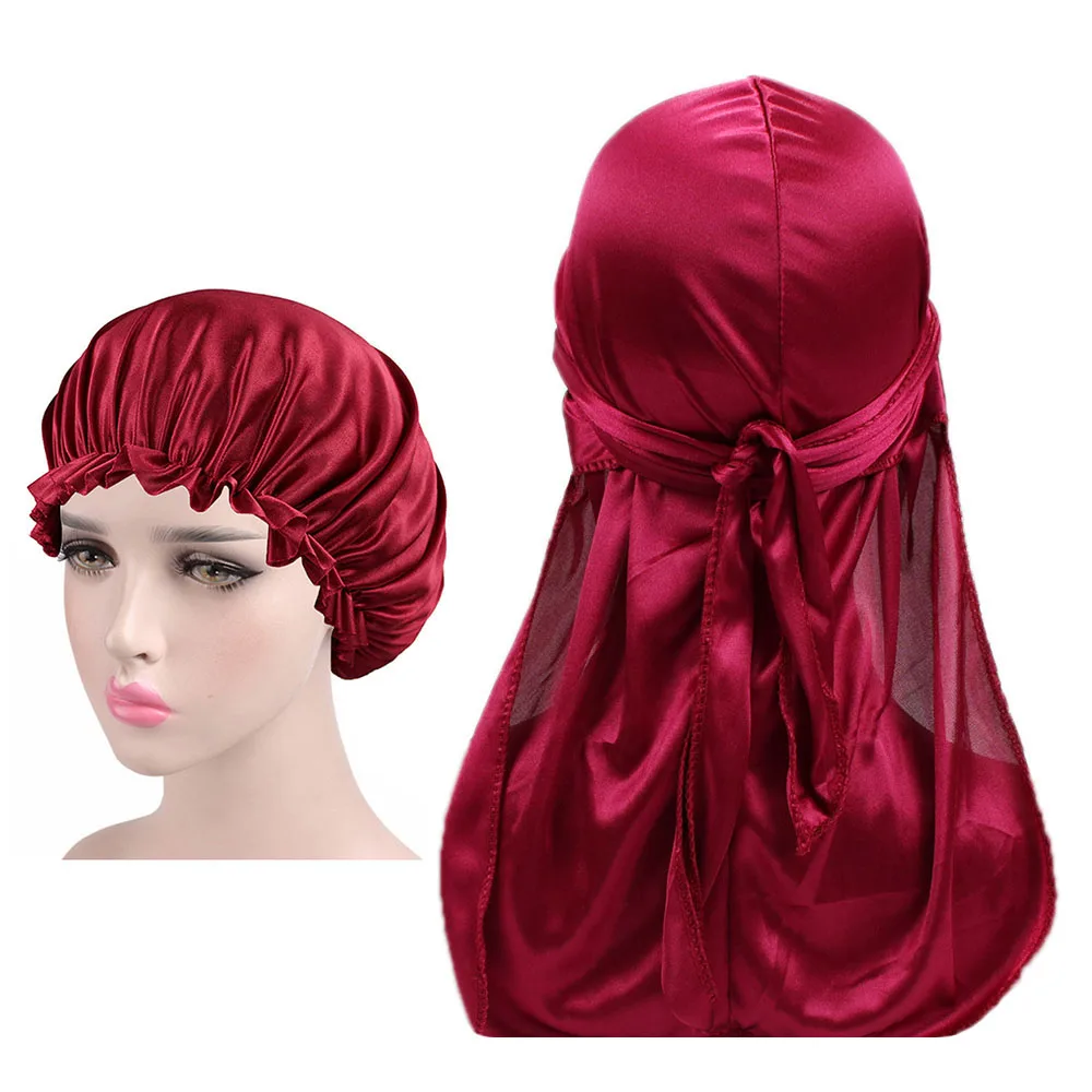 

2pcs/set Unisex Silky Durag And Waves For Women Solid Color Bonnets Comfortable Sleeping Caps