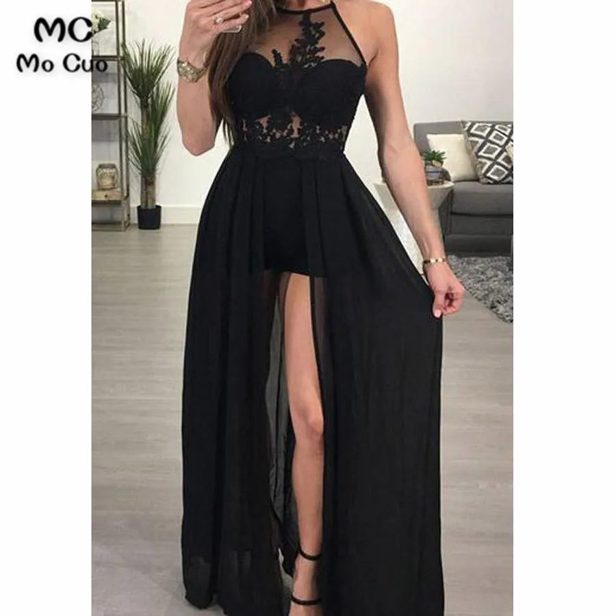 

2018 Illusion Black Evening Dresses Long with Appliques Beaded Front Split Chiffon Formal Evening Party Dress
