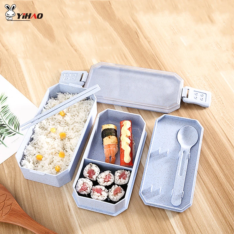 

YIHAO 800ML Lunch Box Double Plastic Microwavable With Spoons or Chopsticks Leakproof Thermal Insulation Lunch Box Kitchen Tool