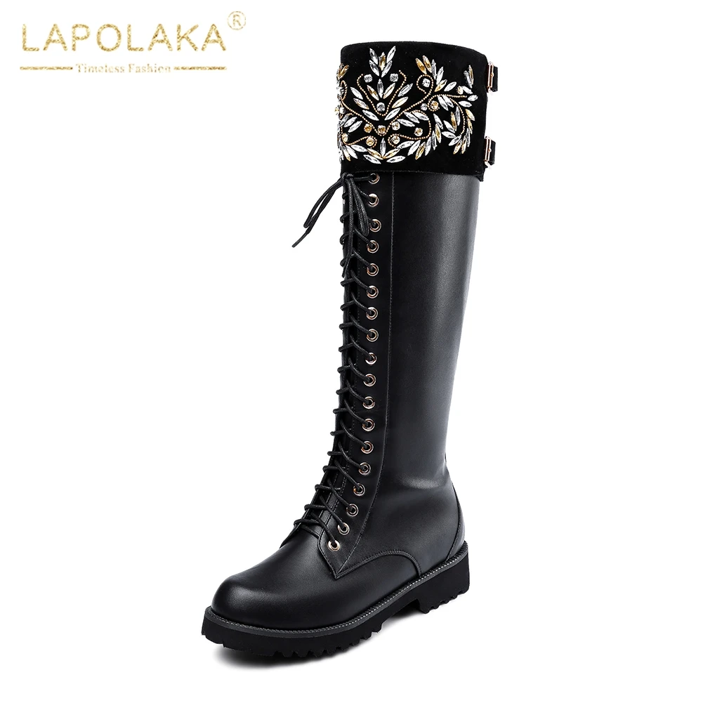 

LAPOLAKA Brand Cow Leather Large Size 34-43 Spring Autumn Boots Woman Shoes Zip Up Low Heels Knee High Boots Female Woman Shoes