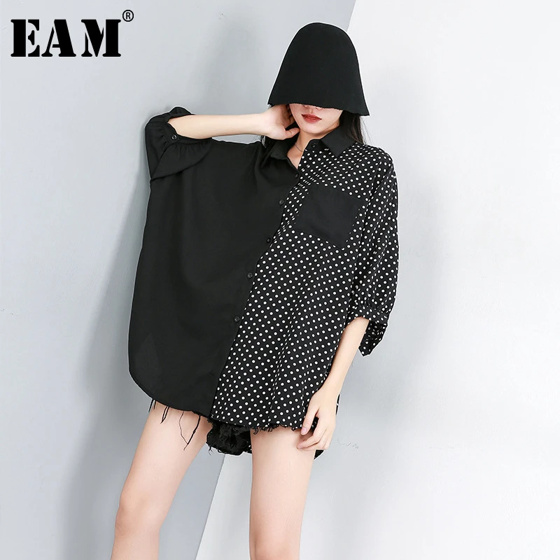 

[EAM] 2019 New Spring Summer Lapel Three Quarter Sleeve Dot Printed Split Joint Big Size Shirt Women Blouse Fashion Tide JW566