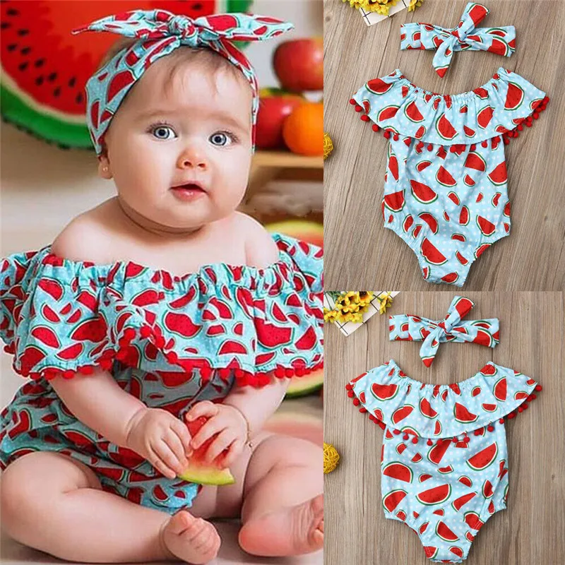 Summer Toddler Baby Girls clothes off shoulder Tassel Ruffle sleeveless Watermelon print Bodysuit Bow Headband 2pc cotton Outfit