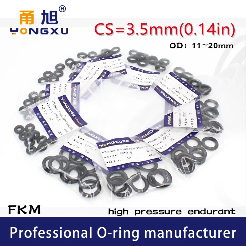 Уплотнительные кольца из флюорубельного каучука, 10 шт./лот, черные, FKM, CS3, 5 мм, OD11/12/13/14/15/16/17/18/19/20*3,5 мм