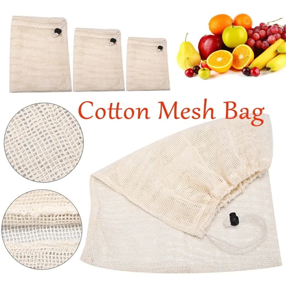 

Reusable Organic Cotton Vegetable Mesh Bag for Men Women Home Kitchen Washable Fruit Grocery Drawstring Shopping Storage Bags