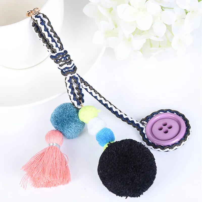 Woolen Yarn Big Ball Pom Pom Button Keychain Bohemia Tassel Keychains