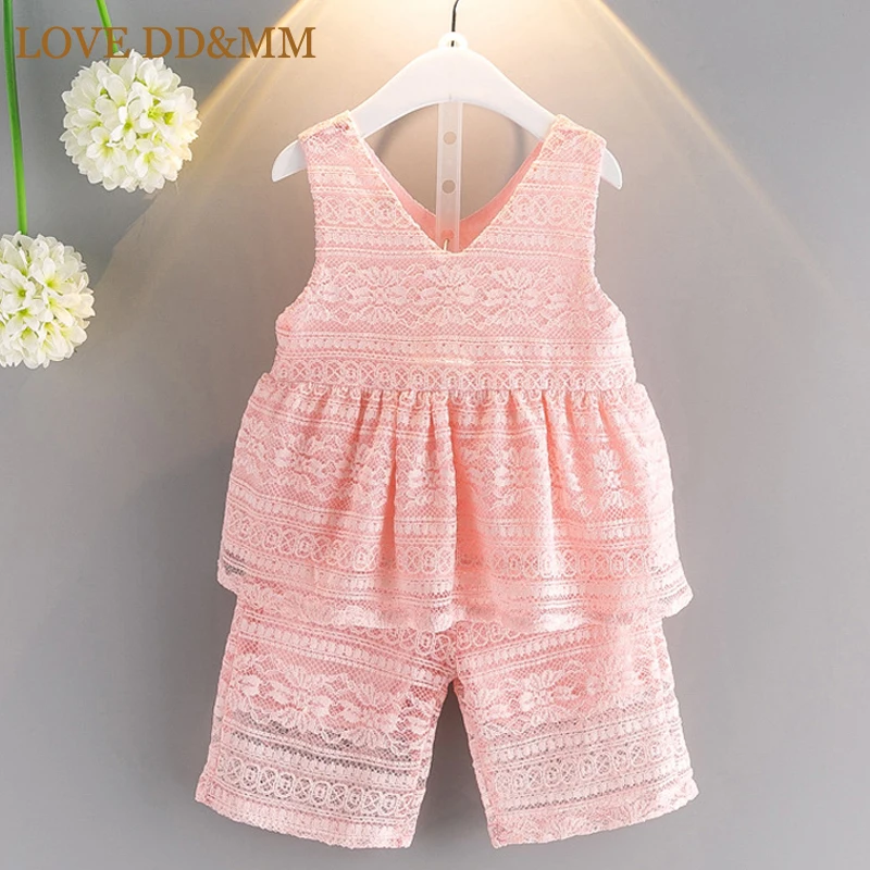 

LOVE DD&MM Girls Sets 2019 Summer New Girl Fashion Sweet Hollow Lace V Collar Tops + Pants Suit