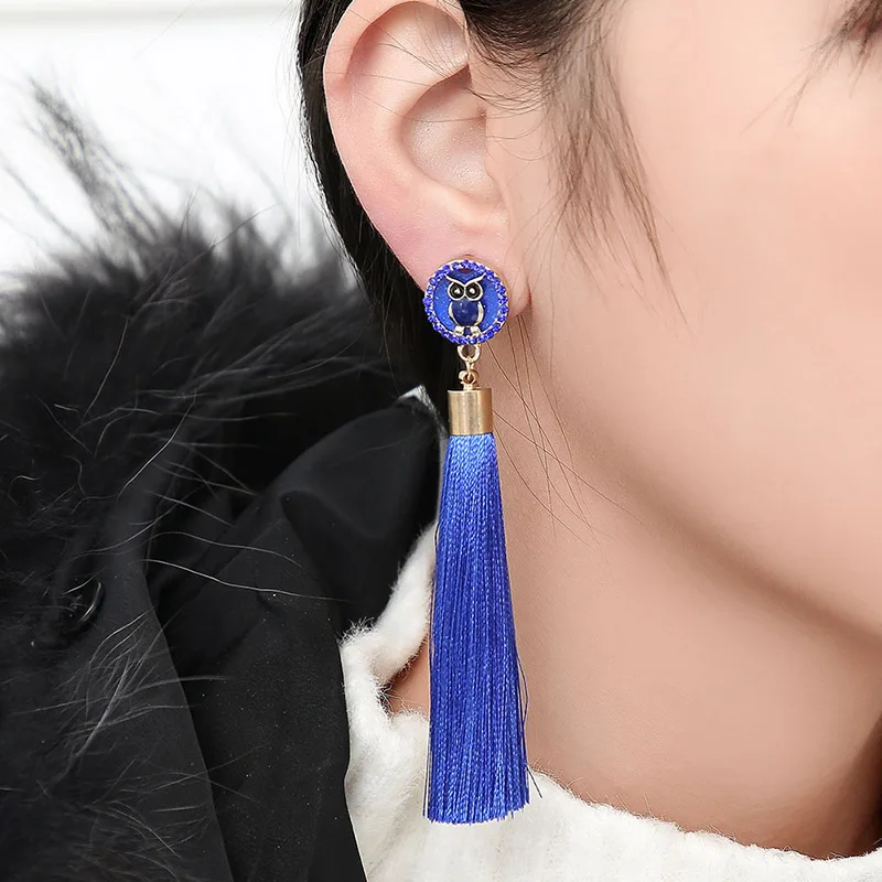 IMG_4454 Trendy Drop Earrings OwlAnimalWomenLongBohemianDangleBlueBalckMetalBohoGold Tassel Earrings 2018 Jewelry
