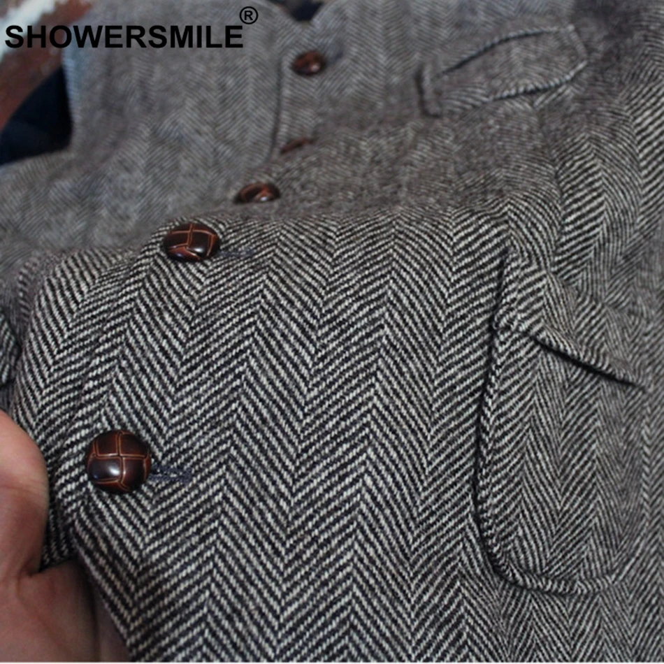 SHOWERSMILE Tweed Waistcoat Men Gray Herringbone Vests Male Vintage Slim Fit Gilet Pockets Autumn Winter Retro Sleeveless Jacket