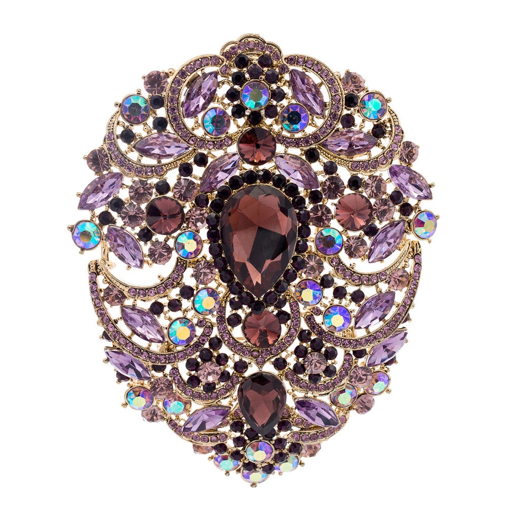 

4.9" Big Large Pretty Flower Pendant Brooch Pins Bridal Jewelry W/ Purple Drop Rhinestone Crystals 4045