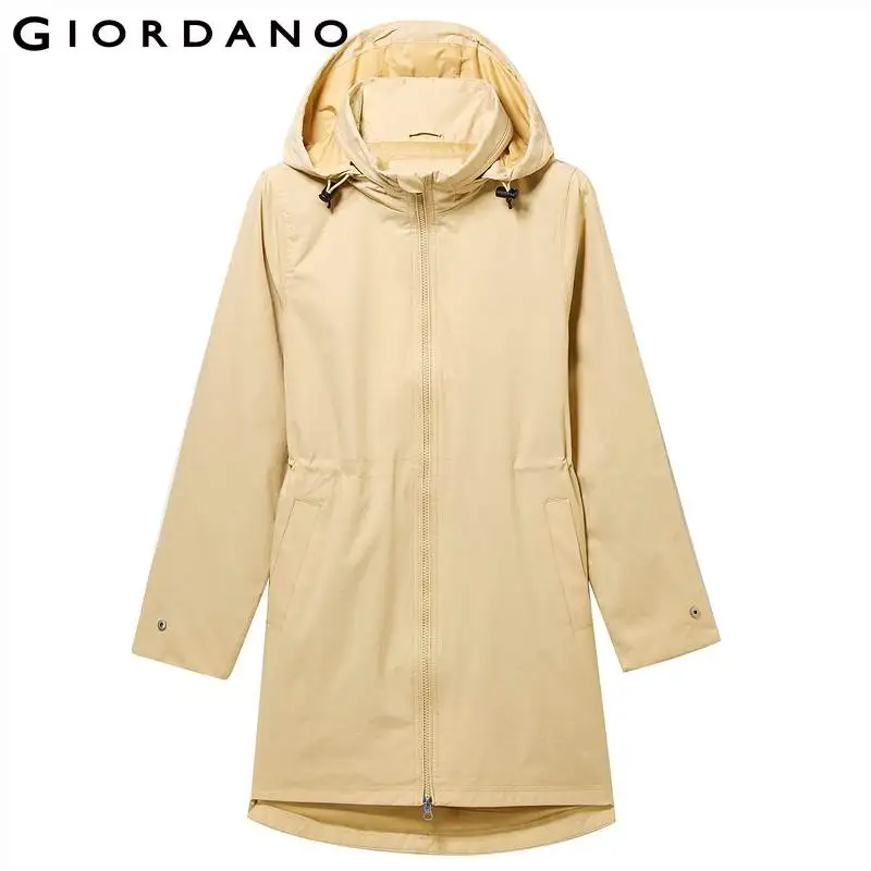 Giordano Женская ветровка окольцованная Талия Скрытая капюшон Длинная стильная