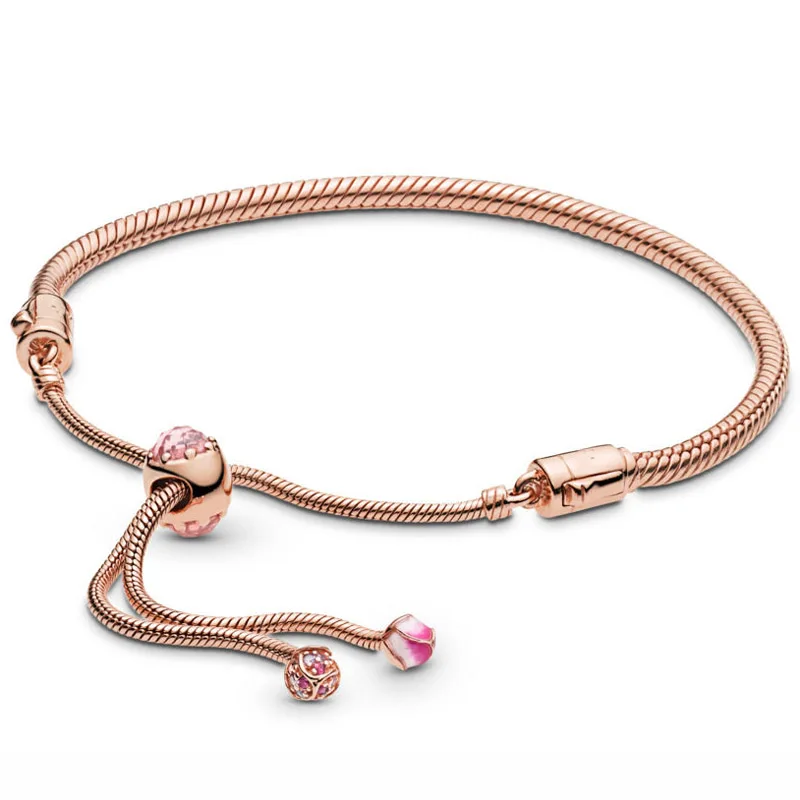 

New 925 Sterling Silver Bracelet Rose Peach Blossom Sliding Clasp Adjust Bracelet Bangle Fit Women Bead Charm Pandora Jewelry