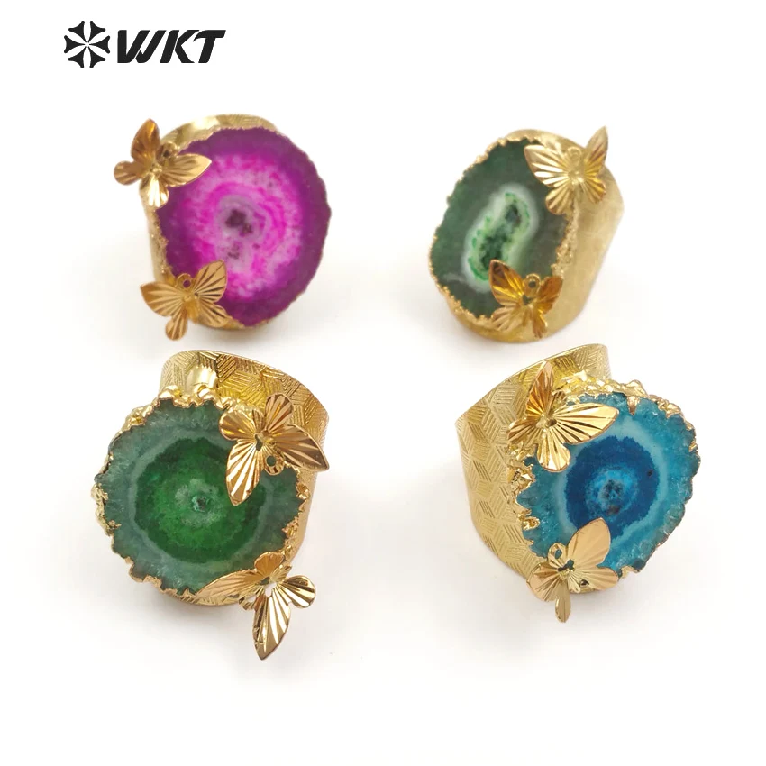 

WT-R324 WKT Natural quartz irregular shape large ring with unique design metal plated butterfly shape embellishment ring