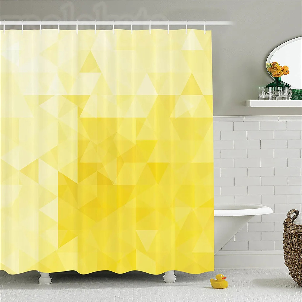 Yellow Decor Shower Curtain Set Simple Shaded Wavy Retro Mosaic Motifs