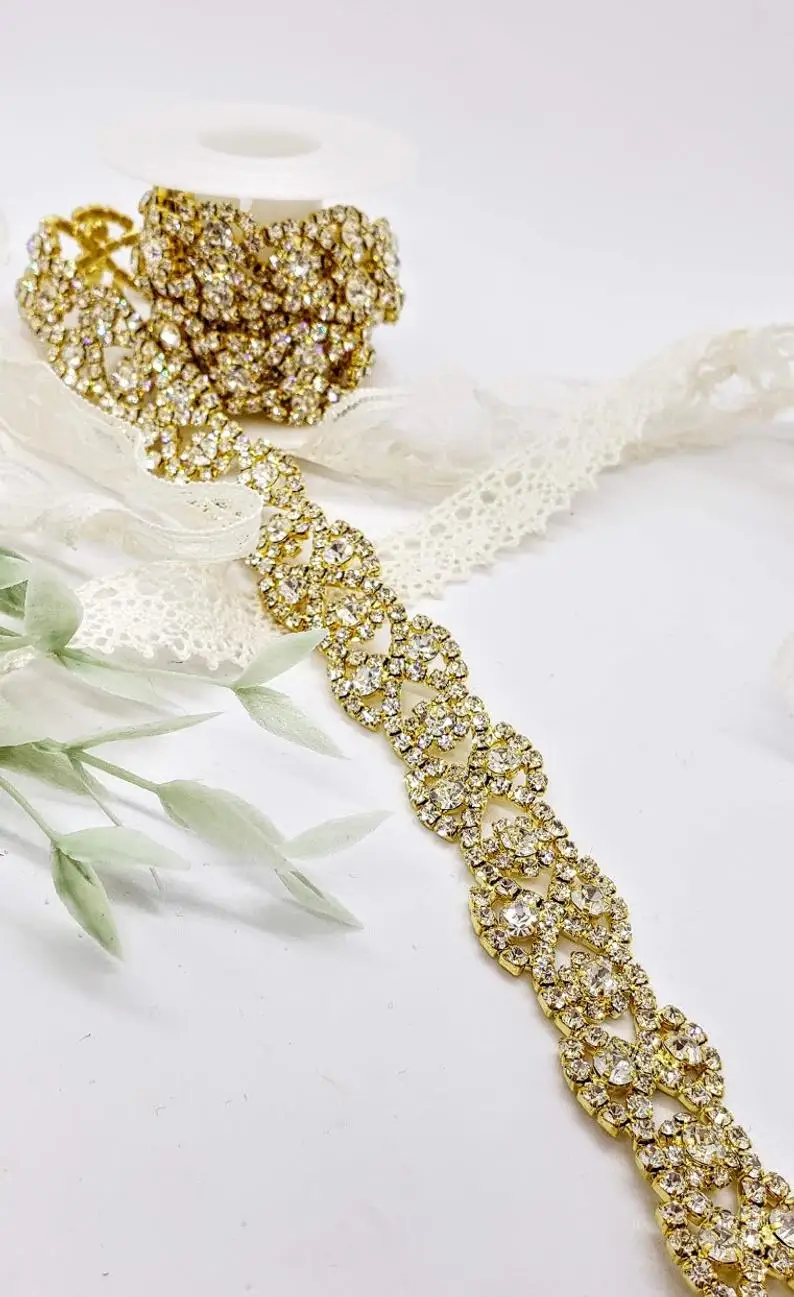 

5Yards Gold Silver Rose Gold Braided Rhinestone Trim Sew On Bridal Costume Crystal Chain Trim Wedding Dress Supplies