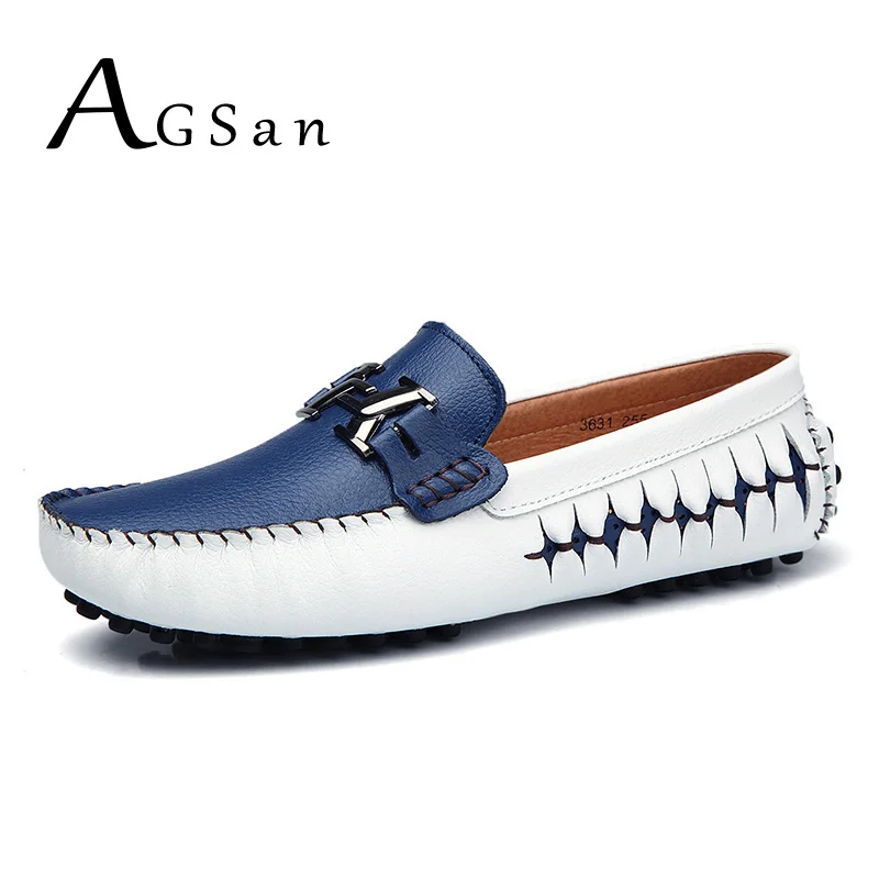 Baratos Mocasines AGSan para Hombre Zapatos casuales de cuero genuino deslizantes en los zapatos de barco para Hombre Zapatos de conducción de diseñador italiano mocasines planos negros azules