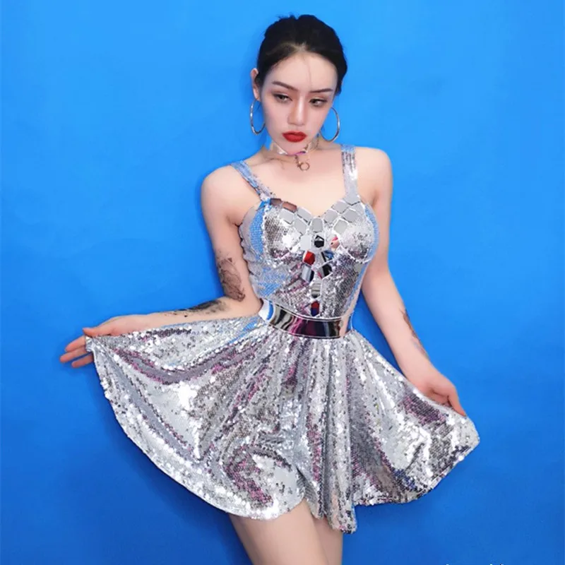 

DJ DS Nightclub Bar Singer Gogo jazz Dance Costumes Stage Dance Show Costume Outfit Silver Sexy Lens Sequins Princess Costume