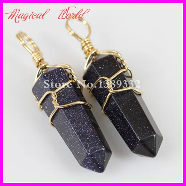 

High Quality Gold Color Wire Wrapped Pendant Nature Hexagon Prism Beads Healing Point Blue Sand Gems Pendant Druzy Pendant