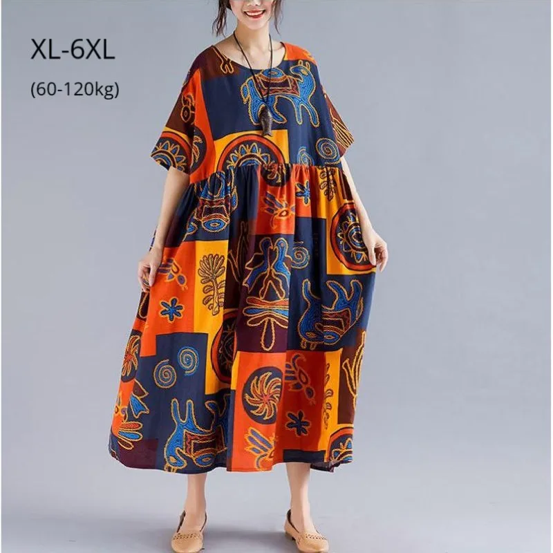 

Women Short Sleeve Summer Loose Dress Bohemian Style Cotton Linen Cartoon Print Casual Tops Plus Size 6XL 5XL Long Beach Dresses