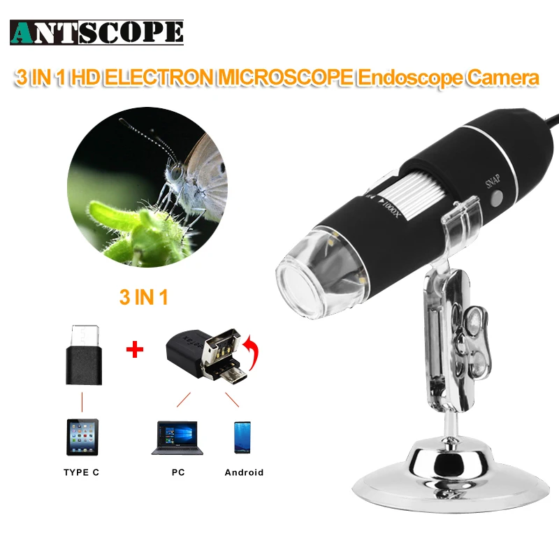 Antscope Лупа 500-1000X 8 светодио дный цифровой 3IN1 Микроскоп USB-эндоскоп для Android Камера Microscopio Лупа электронный 19