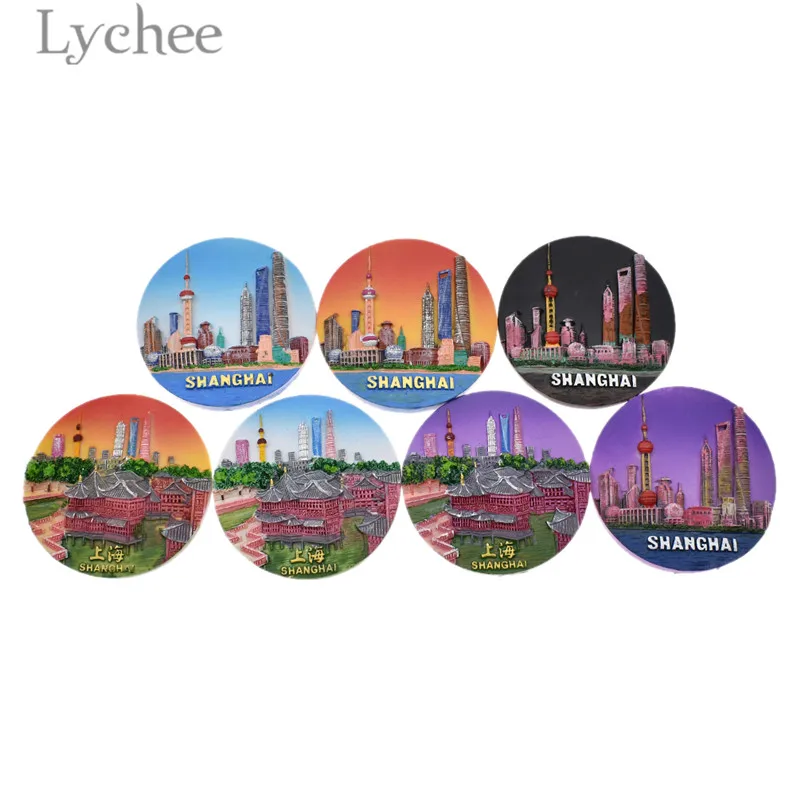 

Lychee Shanghai Resin Fridge Magnet Creative Landscape Round Refrigerator Magnet Travel Souvenirs Home Decoration