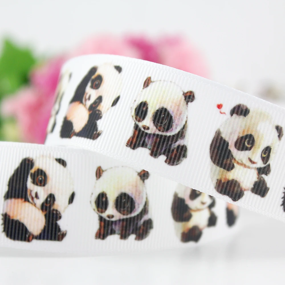 

White cartoon panda printed grosgrain ribbon 22mm 25mm animal print wedding decorative diy fabric ribbon 25 yards