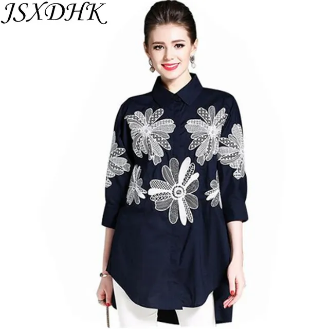 JSXDHK High Quality Summer Oversize Blouse 2018 Fashion Women Blue Cotton Embroidery Floral Asymmetrical Casual Loose Shirt