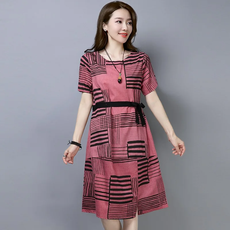 Хлопковое льняное винтажное женское повседневное свободное летнее платье средней длины размера плюс, элегантная одежда vestidos, женские платья - Цвет: Розовый