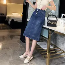 Новинка года, Женская весенне-летняя джинсовая юбка до колена с пряжкой для девочек, синяя прямая джинсовая юбка с разрезом, большие размеры, S-9XL