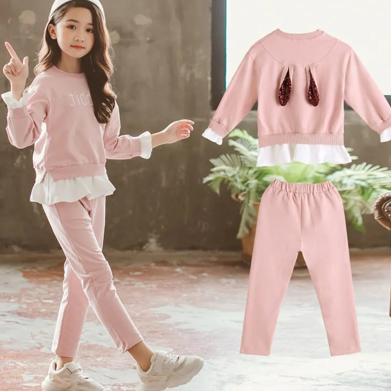 

2019 Girls Sport Clothes Set For Autumn Spring Girls Print Letter Top+Pants 2 Pcs Girl School Fashion Casual Sequin Clothing Set