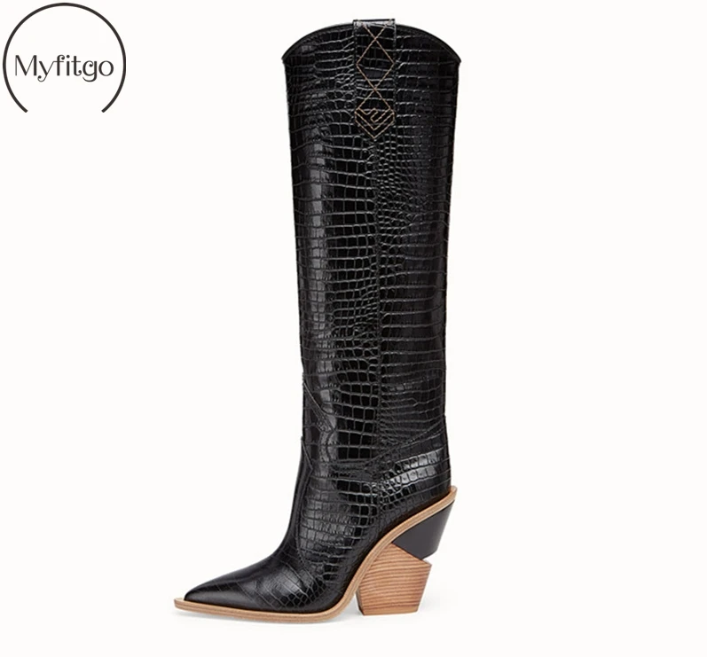 

Myfitgo 2019 Winter Embossed Plaid Long Boots Women Knee High Boots Pointed Toe Wedges Strange Heels Chelsea Boots for Women